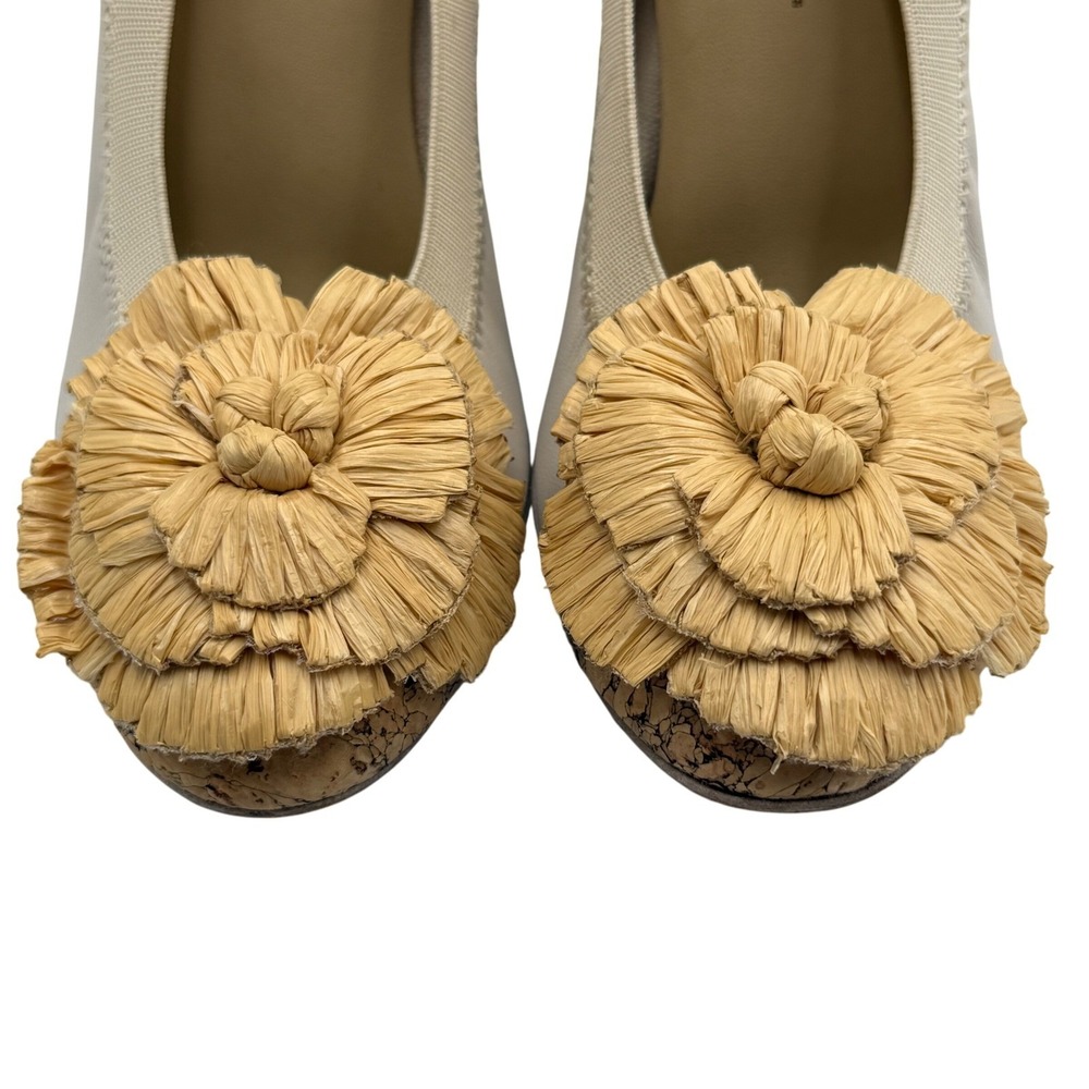 CHANEL Camellia Raffia Cork‎ Platform Heels 37 Beige Peep Toe Resort Boho - Picture 3 of 9